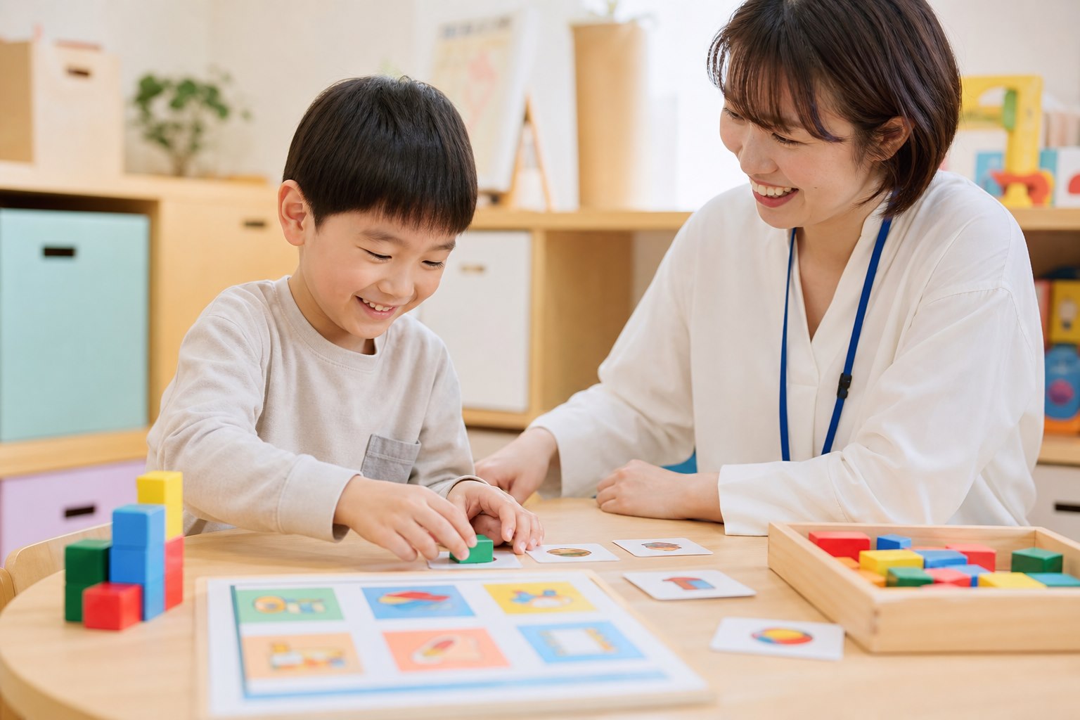 子どものペースに合わせて個別課題を支える場面